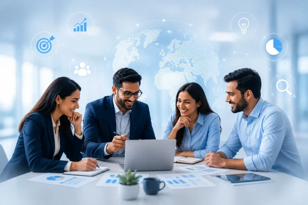 Business professionals collaborating on data-driven strategy and business intelligence solutions