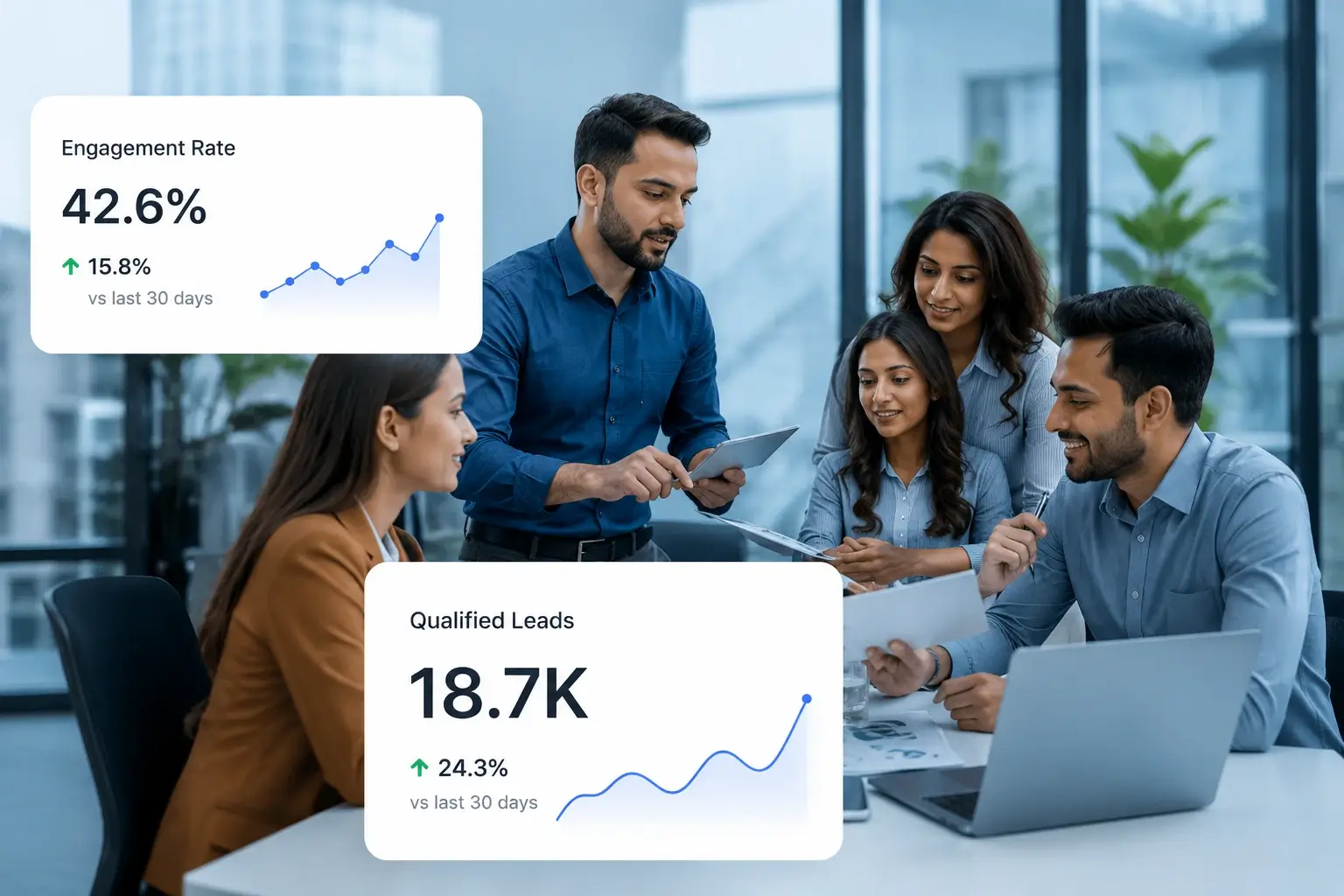 Business professionals collaborating with AI-powered data analytics and business intelligence solutions