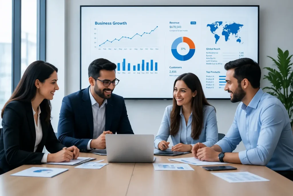 Business professionals collaborating with business intelligence dashboards and AI-powered data analytics