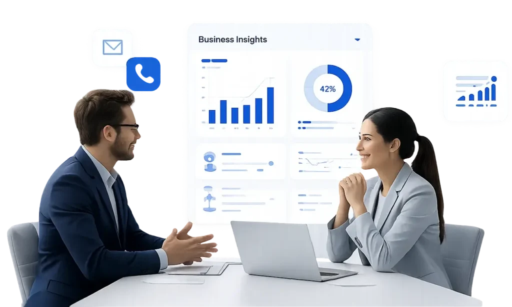 Corporate business meeting with AI analytics dashboard and business intelligence