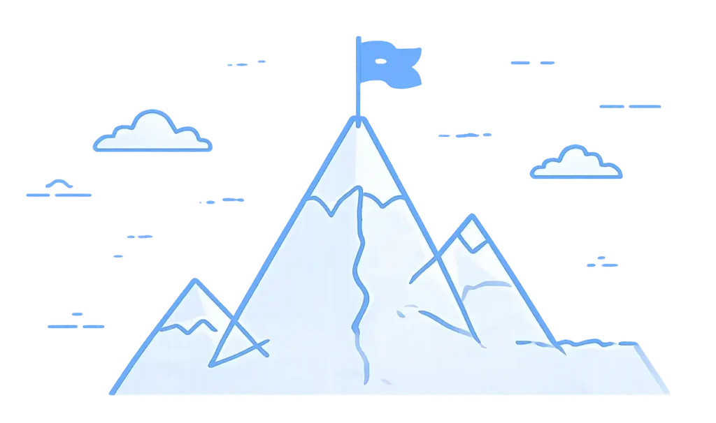 Line art mountain with summit flag symbolizing business growth, milestones, and strategic goals